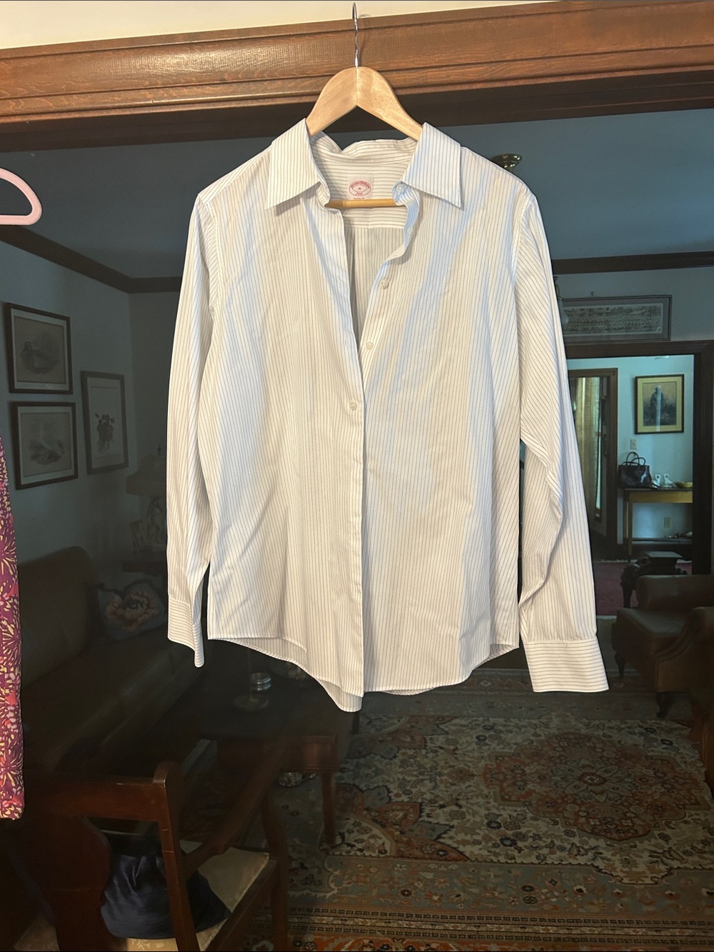 Brooks Brothers White and Light Blue Striped Button-Down Shirt